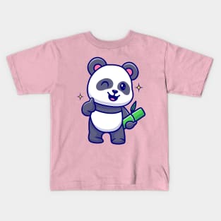 Cute Panda Holding Bamboo With Thumb Up Cartoon Kids T-Shirt